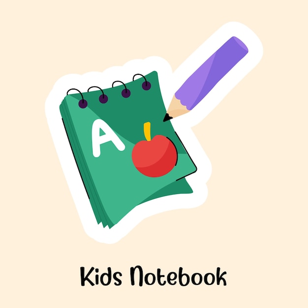 School supplies flat sticker of kids notebook