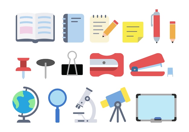 School supplies flat web icon set. school stationery clipart. sharpener, stapler, push pin, notebook