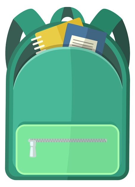 School supplies in green backpack Cartoon bag icon