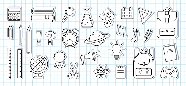 School supplies icons. Paper stickers on sheet of school checkered notebook. Black and white design. Vector illustration