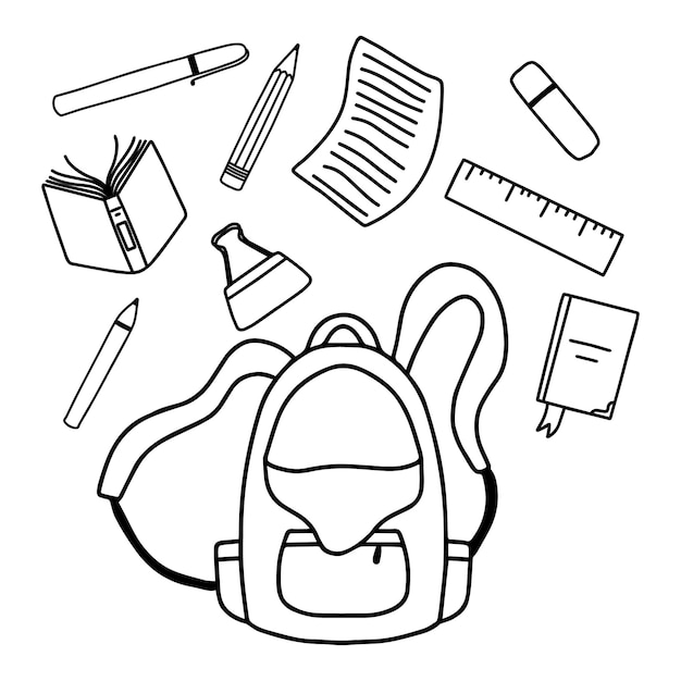 School supplies and items set isolated on white background back to school education workspace accessories vector illustration doodle style