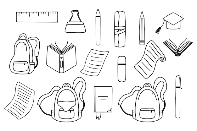 School supplies and items set isolated on white background back to school education workspace accessories vector illustrationdoodle style