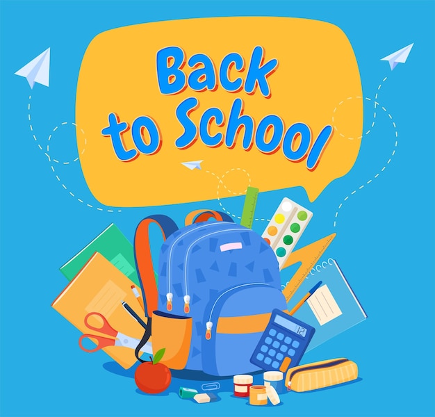 School supplies for learning A backpack with items for study Back to school Vector illustration