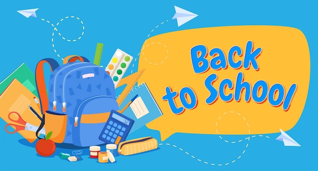 School supplies for learning A backpack with items for study Back to school Vector illustration