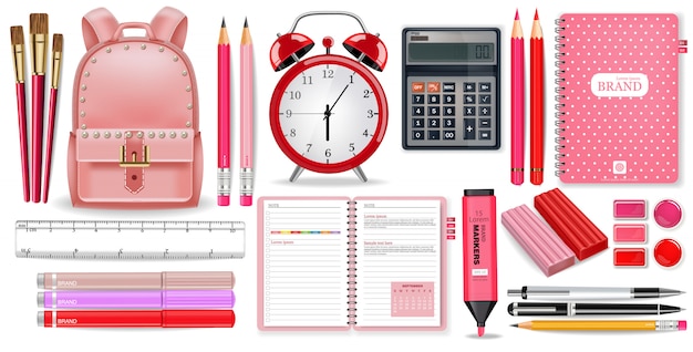Vector school supplies pink collection