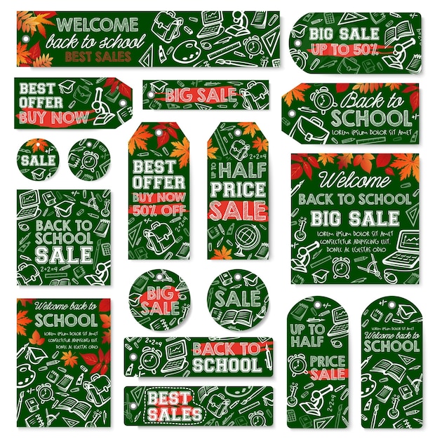 Vector school supplies sale tag and special offer label