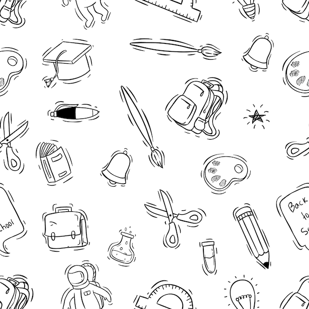 school supplies in seamless pattern with doodle style