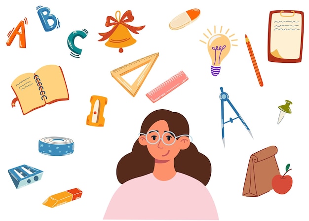 School supplies set Hello school lettering Little cute girl is going to study Children's subjects Vector illustration in a flat style on a white background All objects are isolated