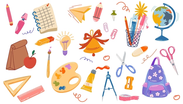 Vector school supplies set vector flat illustration in hand drawn style back to school