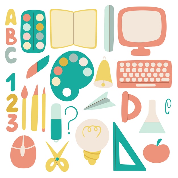 School supplies set vector illustration Back to school with stationery Hand drawn schoolchild items