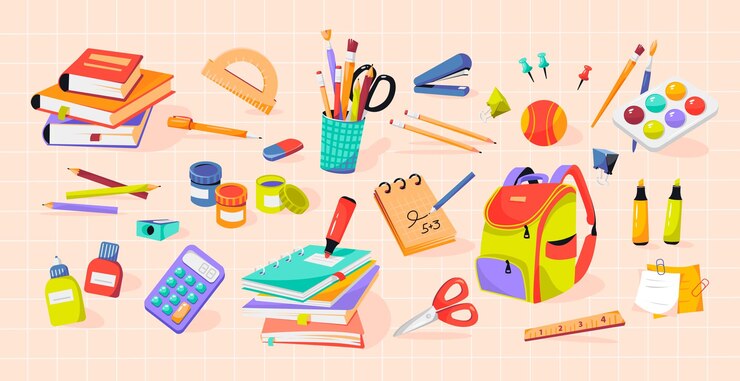 Vector 學校用品.書本,筆記本,辦公室和學校的寫作用品堆<unk>.