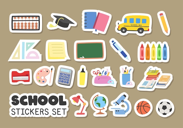 School supplies stickers Notebooks sticky note textbooks flat vector illustration cartoon clipart