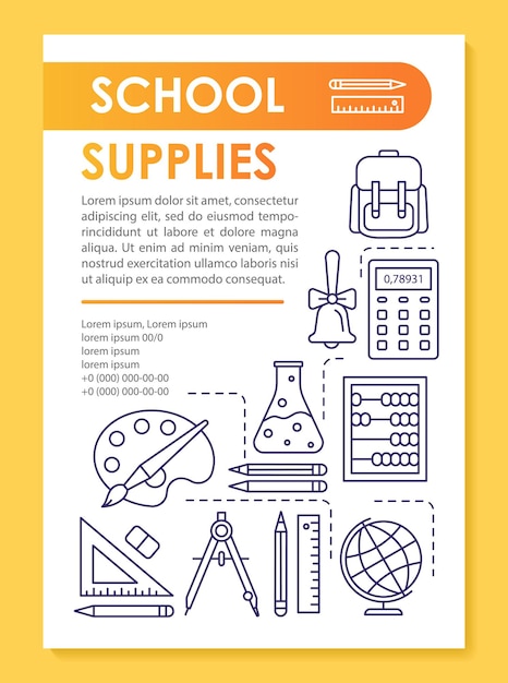 School supplies, subjects brochure template layout. class tools. flyer, booklet, leaflet print design with linear illustrations. vector page layouts for magazines, annual reports, advertising posters