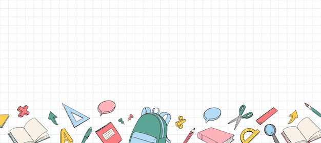 Vector school supplies vector doodle illustration. stationery set. checkered background