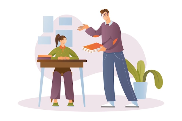 Vector school teacher concept with people scene in the flat cartoon design