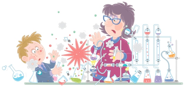 Vector school teacher and a schoolboy making an explosion during a dangerous experiment