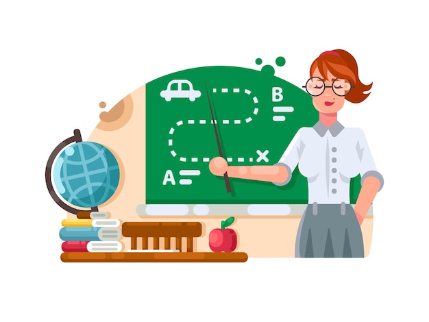 School teacher stands near blackboard and explains task. vector illustration