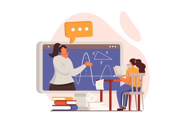 School teacher web concept in flat design Schoolgirl reads book and watches video lecture Teacher explains in online webinar Education and gain knowledge Vector illustration with people scene