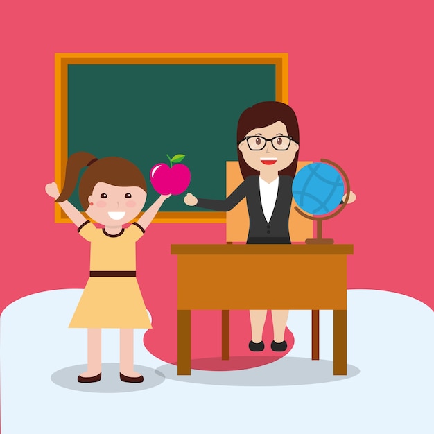 Школьница женщина и ученик, держащая яблоко