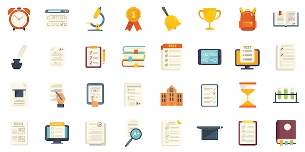 School test icons set flat vector Online learn