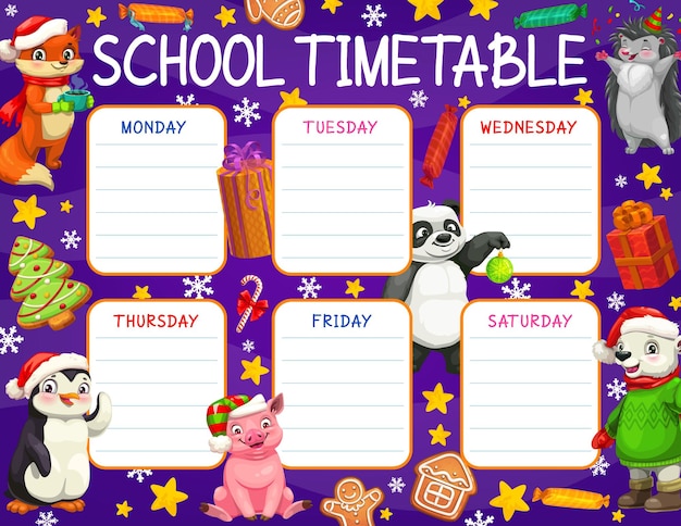 School tijdschema of schema met kerstcadeaus vector achtergrond frame. Weekplan van studentenroostersjabloon, onderwijsplanner en lesschemalay-outs met kerstvakantiegeschenkdozen en speelgoed