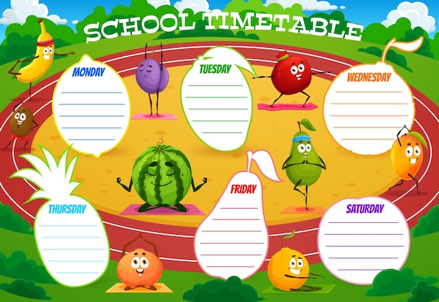 School tijdschema schema fruit stripfiguren op yoga Vector educatieve planner met banaan pruim granaat en kiwi watermeloen peer mango en mandarijn met oranje personage