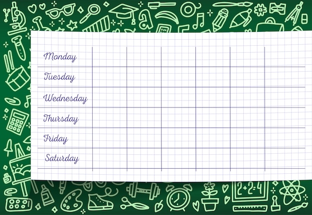 School tijdschema van lesrooster sjabloon op geruit vel. wekelijkse lesplannen op groen bord.