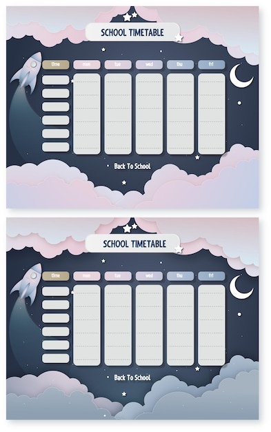 Vettore orario scolastico con sfondo spaziale e nuvole pastello