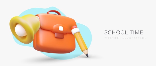 School time Volumetric briefcase pencil bell in plasticine style