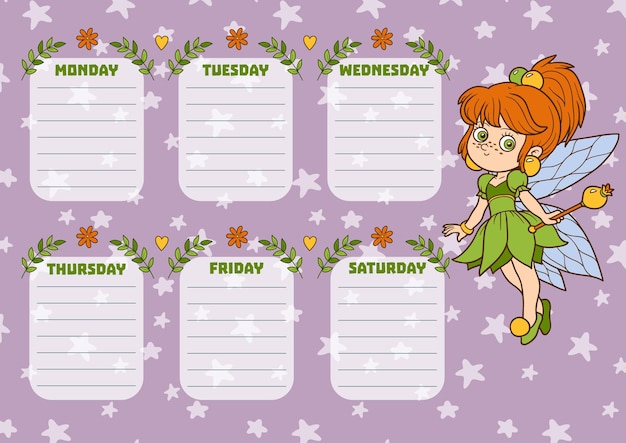 School timetable for children with days of week. color cartoon fairy girl