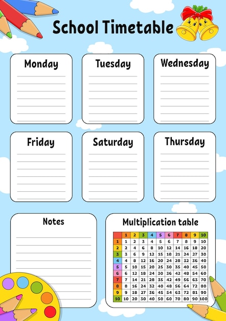 School timetable For the education of children Isolated on color background With a cute cartoon character