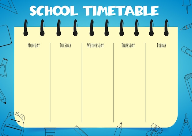 背景に線画スタイルで曜日と学校の線画を提供する子供のための学校の時間割 ウィークリー プランナー スケジュール デザイン テンプレート