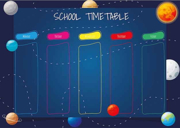 School timetable for kids with cartoon planets of the solar system on background A4 size template Vector illustration