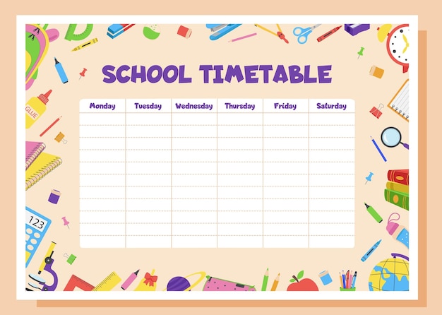 School timetable lesson schedule and organizer template Study weekly planner with school supplies