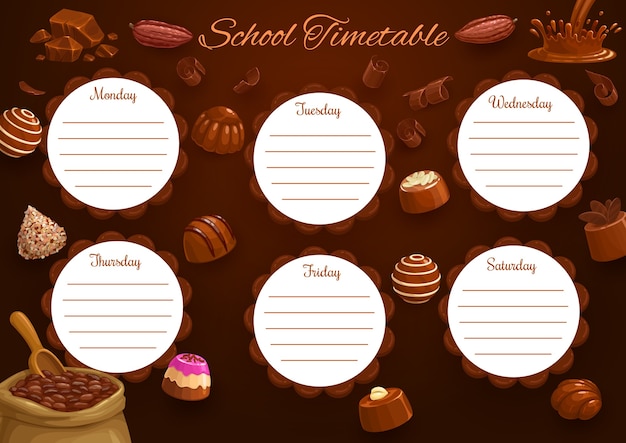 School timetable or schedule, education template with chocolate background.