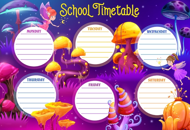 School timetable schedule. Magic fairy, sorceress and mushrooms. Vector weekly lessons planner shedule with cartoon characters. Education kids timetable frame, students daily class organizer worksheet