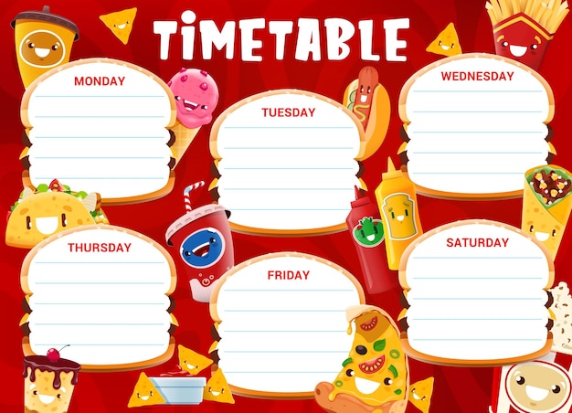 Vector school timetable schedule plan cartoon fast food