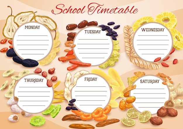 Orario scolastico, agenda settimanale, orario didattico con frutta secca. modello di orario scolastico o pianificatore di lezioni settimanali con frutta cristallizzata o prugne dolci e uvetta