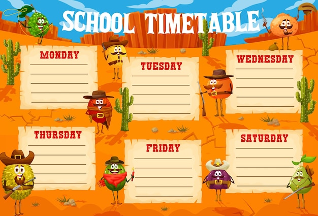 School timetable schedule with cowboy fruits