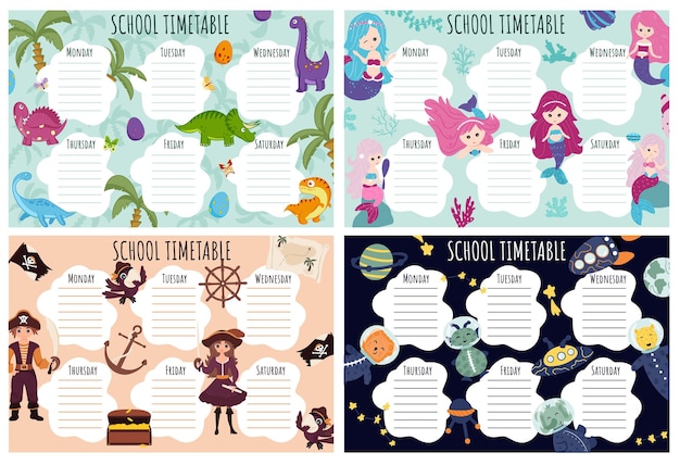 School timetable set. weekly schedule vector template for school students, decorated with elements of the pirate set, the underwater world, dinosaurs and space elements.