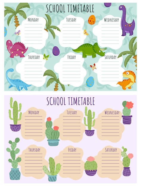 School timetable set. weekly schedule vector template for school students, decorated with funny colorful dinosaurs, insects, butterflies, dragonflies, moths and cacti in pots.