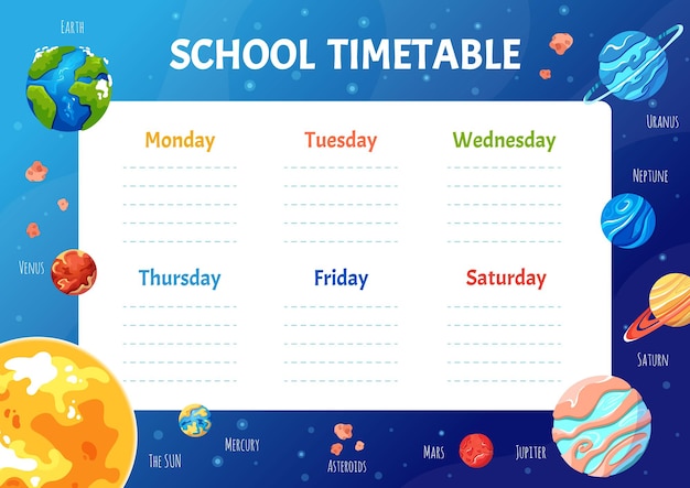 Orario scolastico per studenti o alunni con pianeti del sistema solare