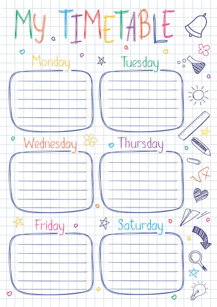 Vector school timetable template on copy book sheet with hand written text. weekly lessons shedule in sketchy style decorated with hand drawn school doodles.