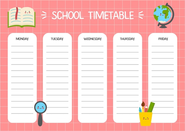 School timetable template for kids. Weekly planner schedule with cute school supplies on pink background.