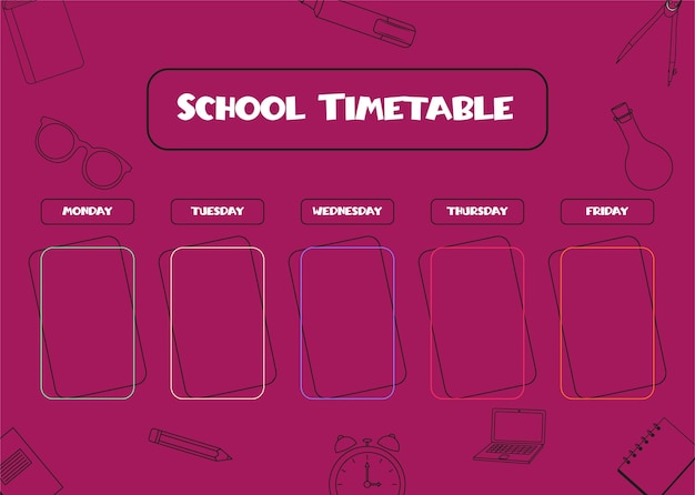 School timetable template for kids Weekly planner with school supplies in line art style Schedule design template