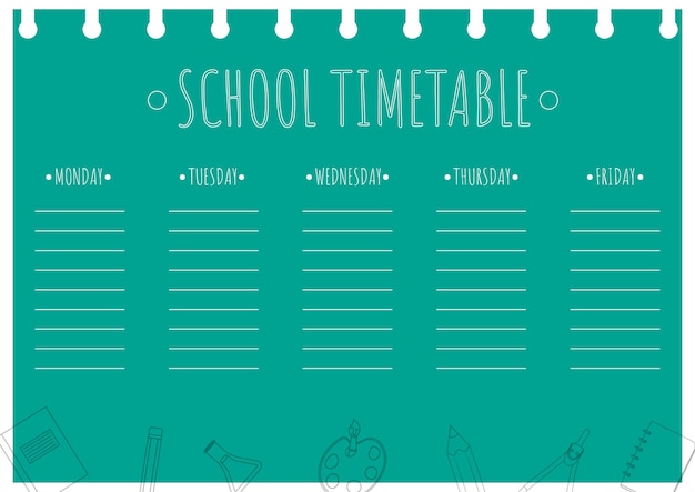 School timetable template for kids Weekly planner with school supplies in line art style Schedule design template