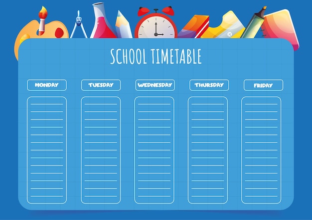 School timetable template for kids with days of the week and cartoon school supplies on the background Weekly planner Schedule design template