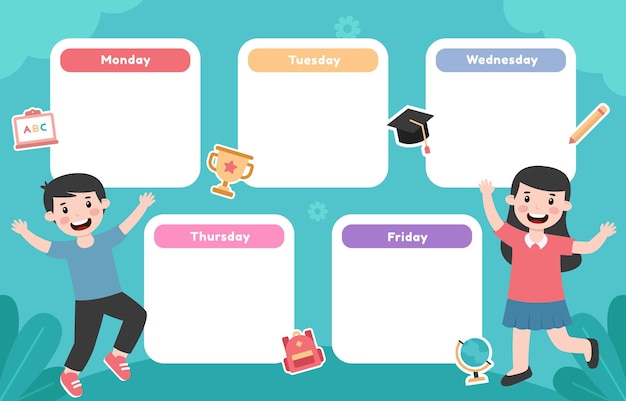 Vector school timetable template with kids illustration