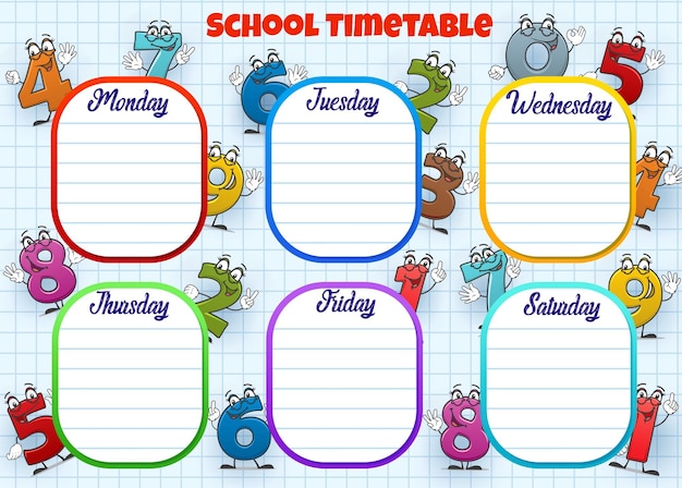 Vector school timetable week schedule cartoon numbers