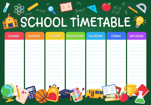 School timetable. weekly planner schedule for students, pupils with days week and spaces for notes, school study organizer vector template. illustration education planner, schedule and organizer